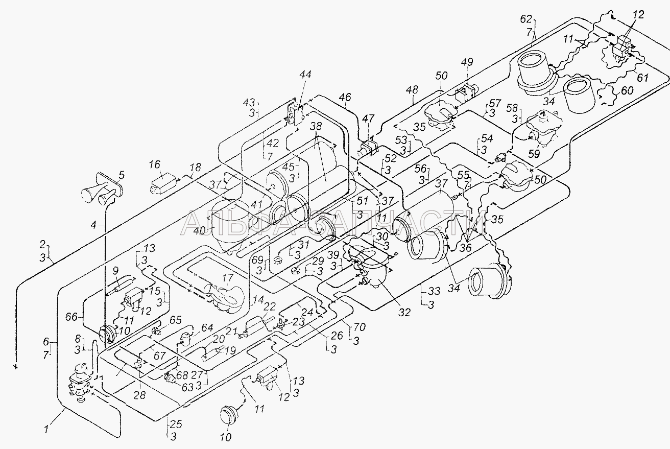 Схема тормозного привода автомобиля МАЗ-6422 (5336-3506085-01 Шланг к задним тормозам) 